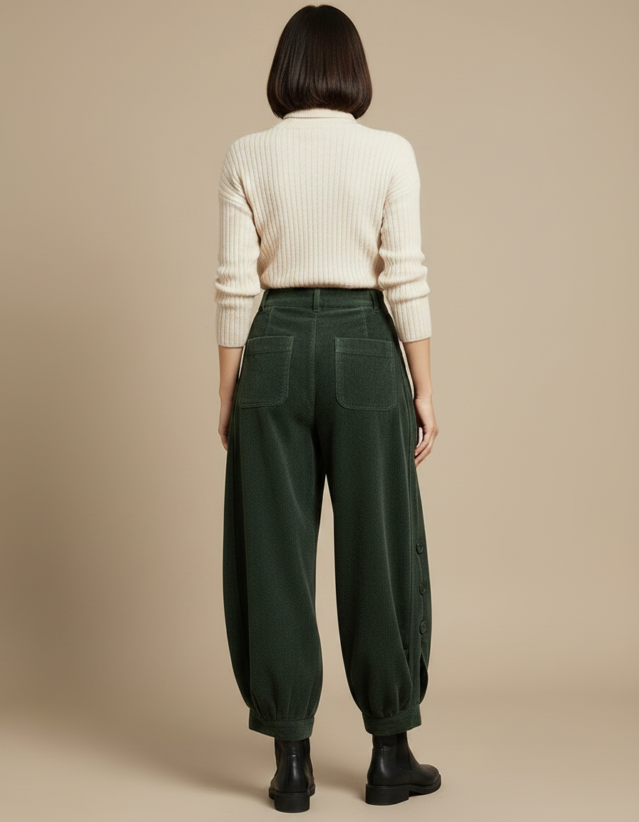 Pantalon Velours Côtelé Vert Ample Harem Boutons - Cordé - vue 2