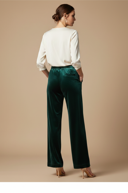 Pantalon Velours Vert Émeraude Ample Fluide Élégant Femme - vue 2