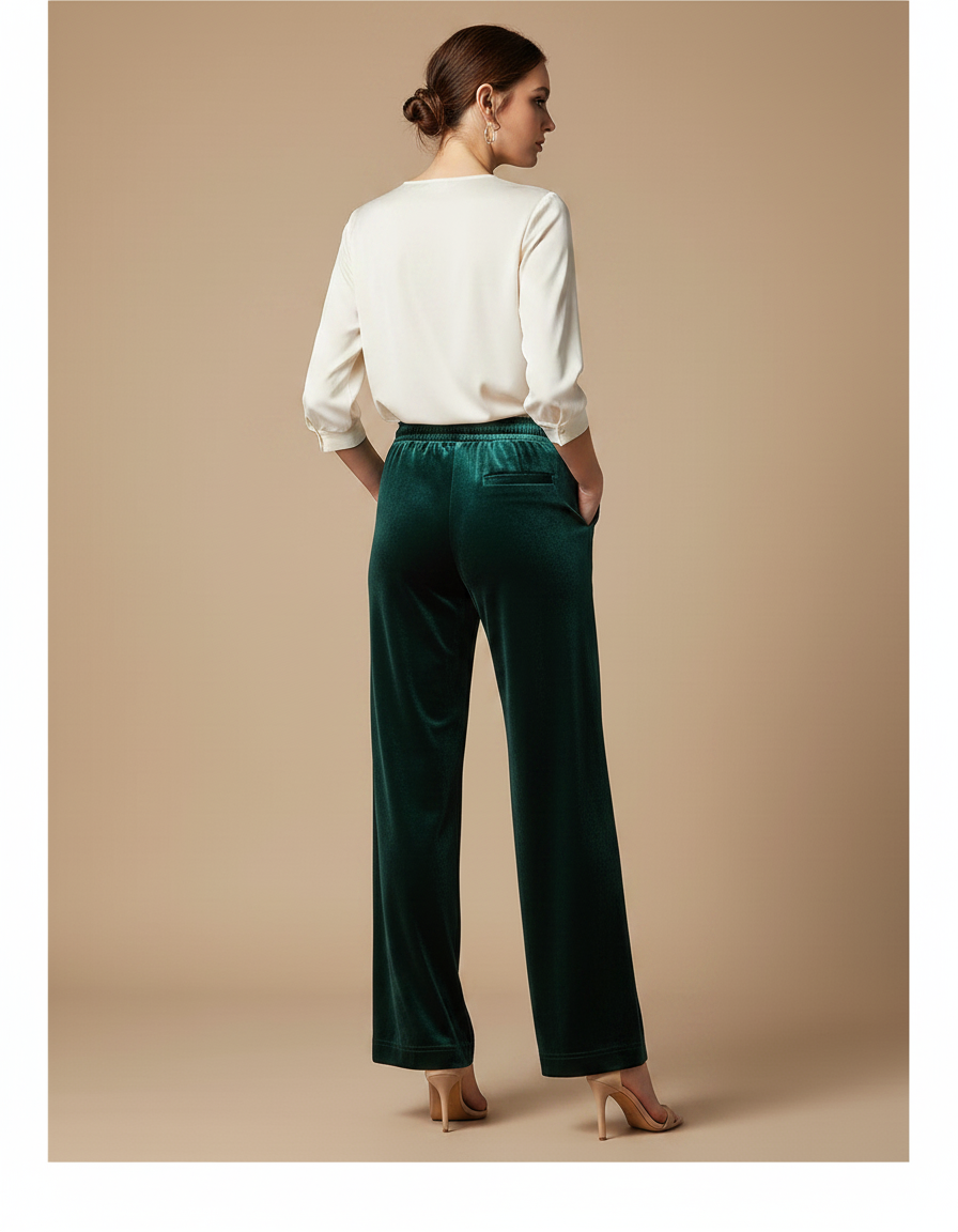 Pantalon Velours Vert Émeraude Ample Fluide Élégant Femme - vue 2