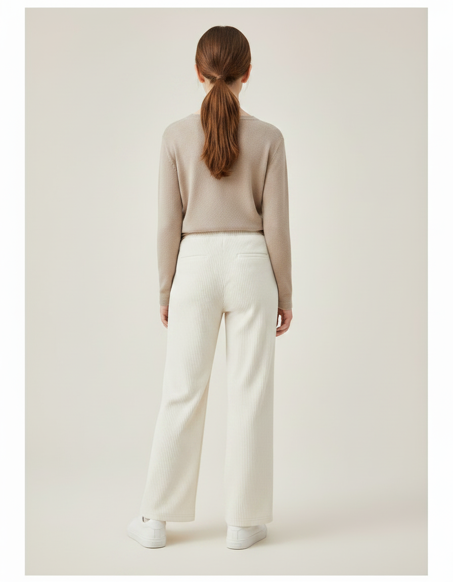 Pantalon Velours Écru Côtelé Ample Fille Décontracté - Beige Cordé - vue 2