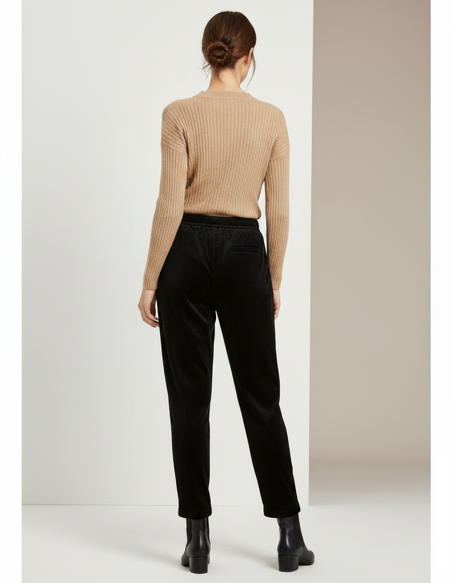 Pantalon Carotte Velours Cotelé Femme - Noir Cordé - vue 2