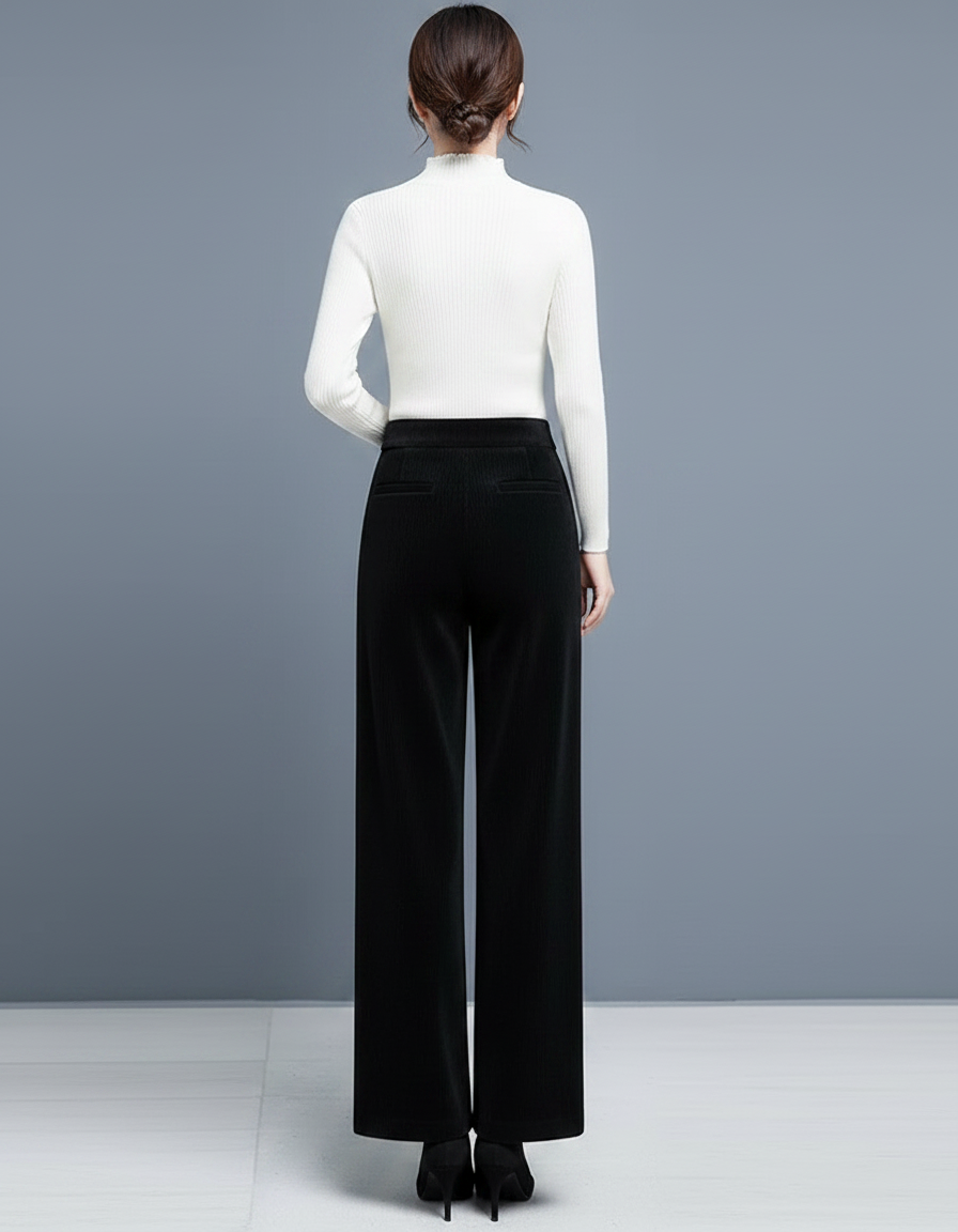 Pantalon Velours Noir Ample Large Élastique Femme - Cordé - vue 2