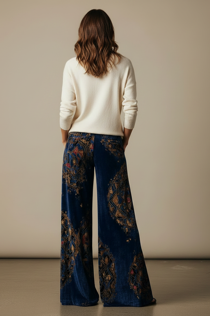 Pantalon Velours Bleu Imprimé Ethnique Large Femme - Marine - vue 2
