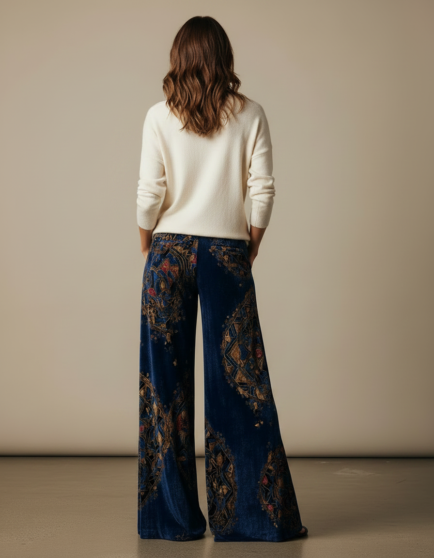 Pantalon Velours Bleu Imprimé Ethnique Large Femme - Marine - vue 2