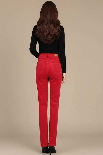 Pantalon Velours Rouge Côtelé Droit Taille Haute Élégant - Cordé - vue 2
