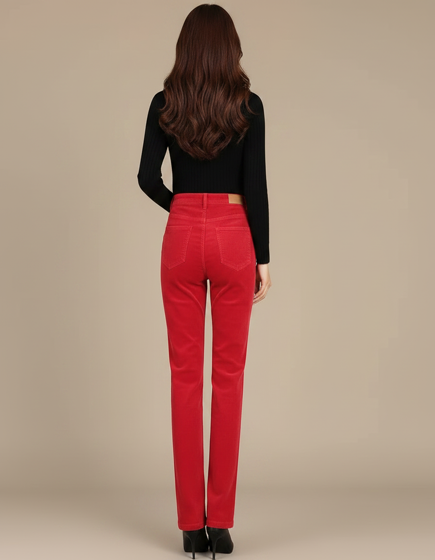 Pantalon Velours Rouge Côtelé Droit Taille Haute Élégant - Cordé - vue 2