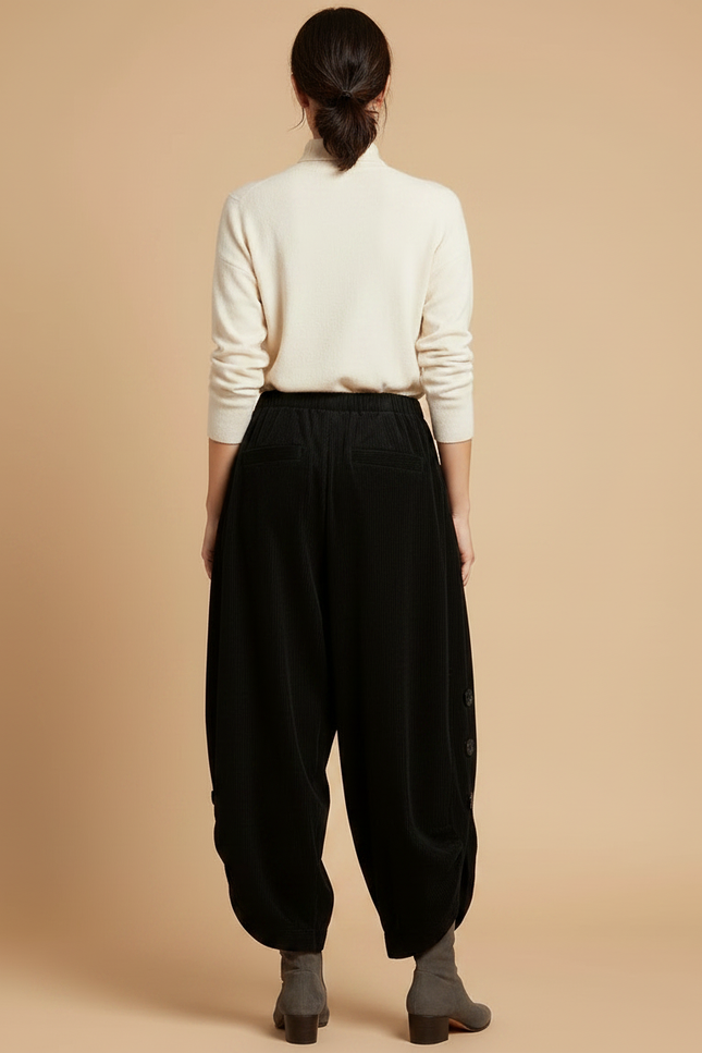 Pantalon Velours Côtelé Noir Ample Harem Boutons - Cordé - vue 2