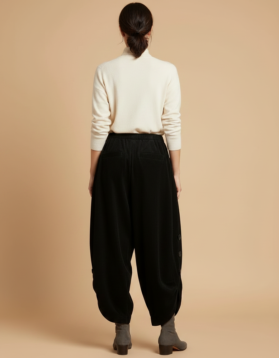 Pantalon Velours Côtelé Noir Ample Harem Boutons - Cordé - vue 2