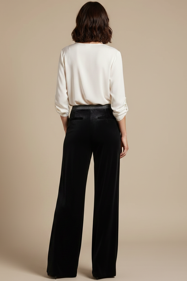 Pantalon Velours Noir Ample Fluide Taille Haute - vue 2