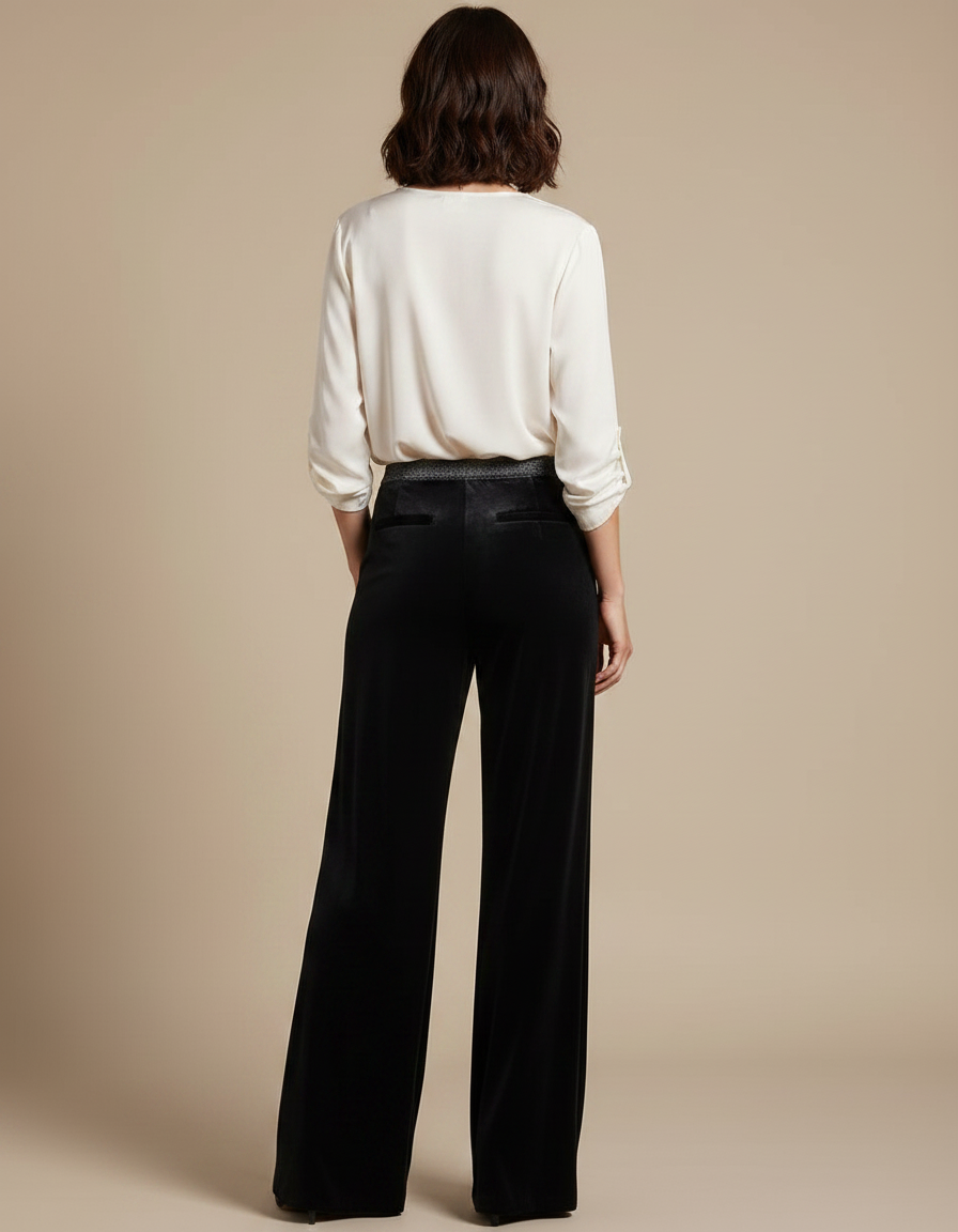 Pantalon Velours Noir Ample Fluide Taille Haute - vue 2