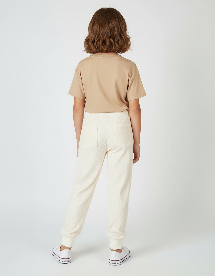 Pantalon Velours Côtelé Écru Ample Confortable Fille - Blanc Cordé - vue 2