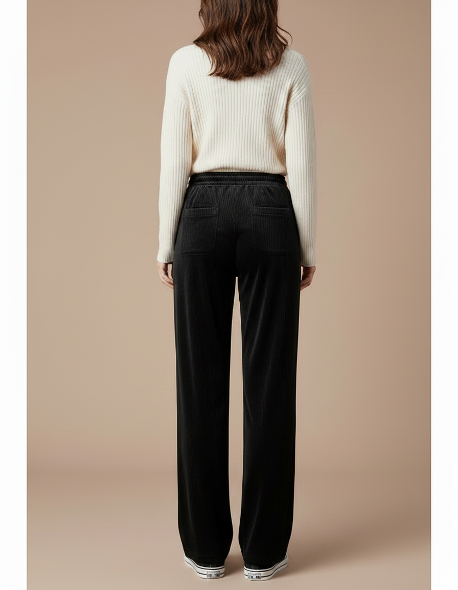 Pantalon Velours Côtelé Noir Fluide Décontracté Femme - Cordé - vue 2