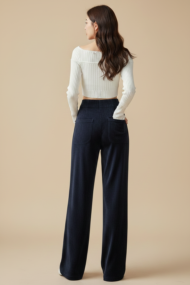 Pantalon Velours Cotelé Bleu Marine Femme - Cordé - vue 2