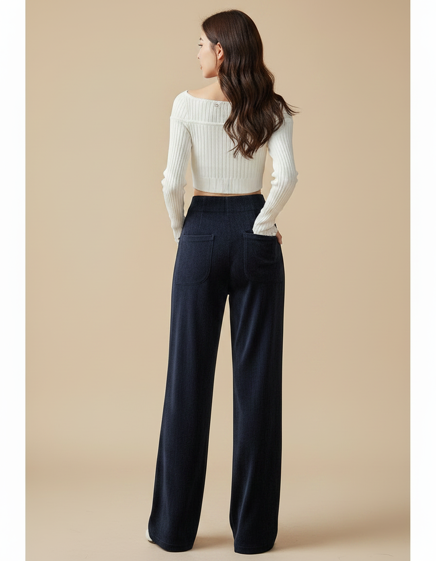 Pantalon Velours Cotelé Bleu Marine Femme - Cordé - vue 2
