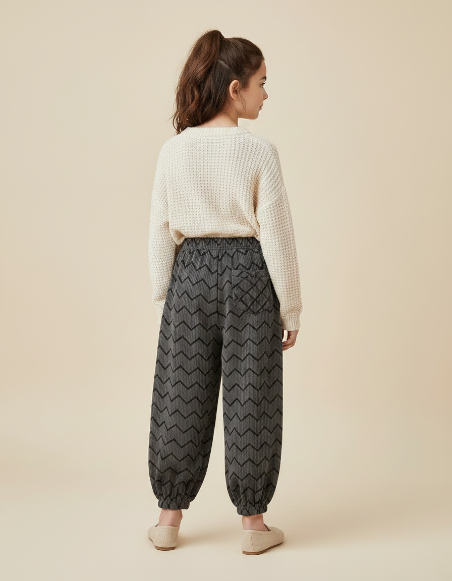 Pantalon Velours Gris Côtelé Imprimé Chevrons Ample Enfant - Cordé - vue 2