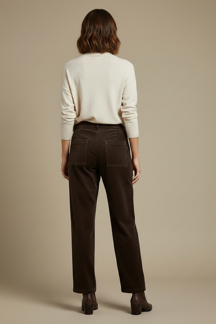 Pantalon Velours Marron Côtelé Droit Taille Haute Élégant - Cordé - vue 2
