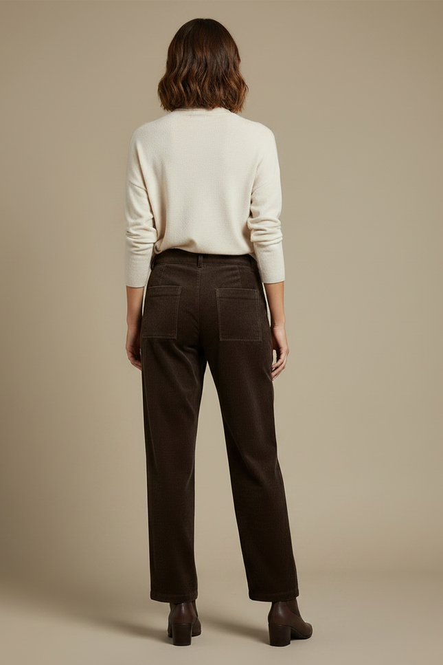 Pantalon Velours Marron Côtelé Droit Taille Haute Élégant - Cordé - vue 2