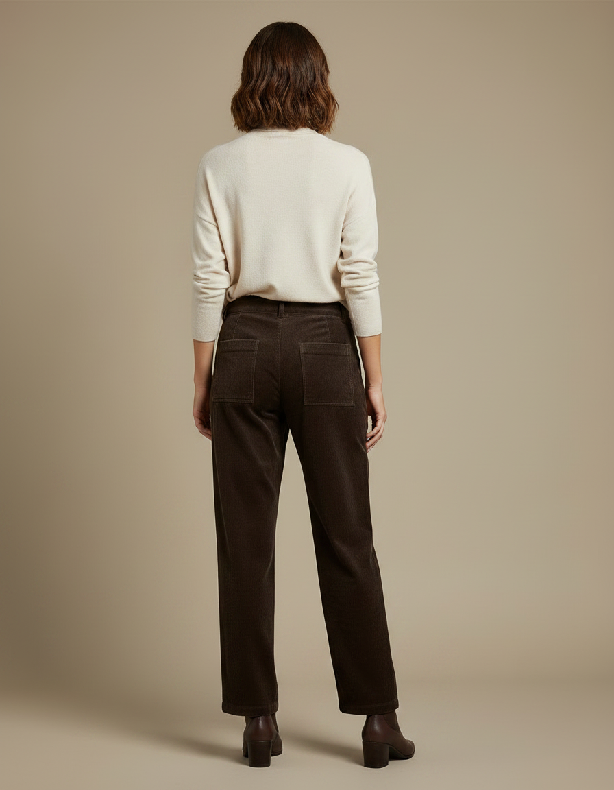 Pantalon Velours Marron Côtelé Droit Taille Haute Élégant - Cordé - vue 2