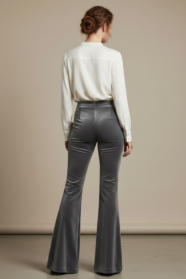 Pantalon Velours Gris Évasé Taille Haute Élégant - vue 2