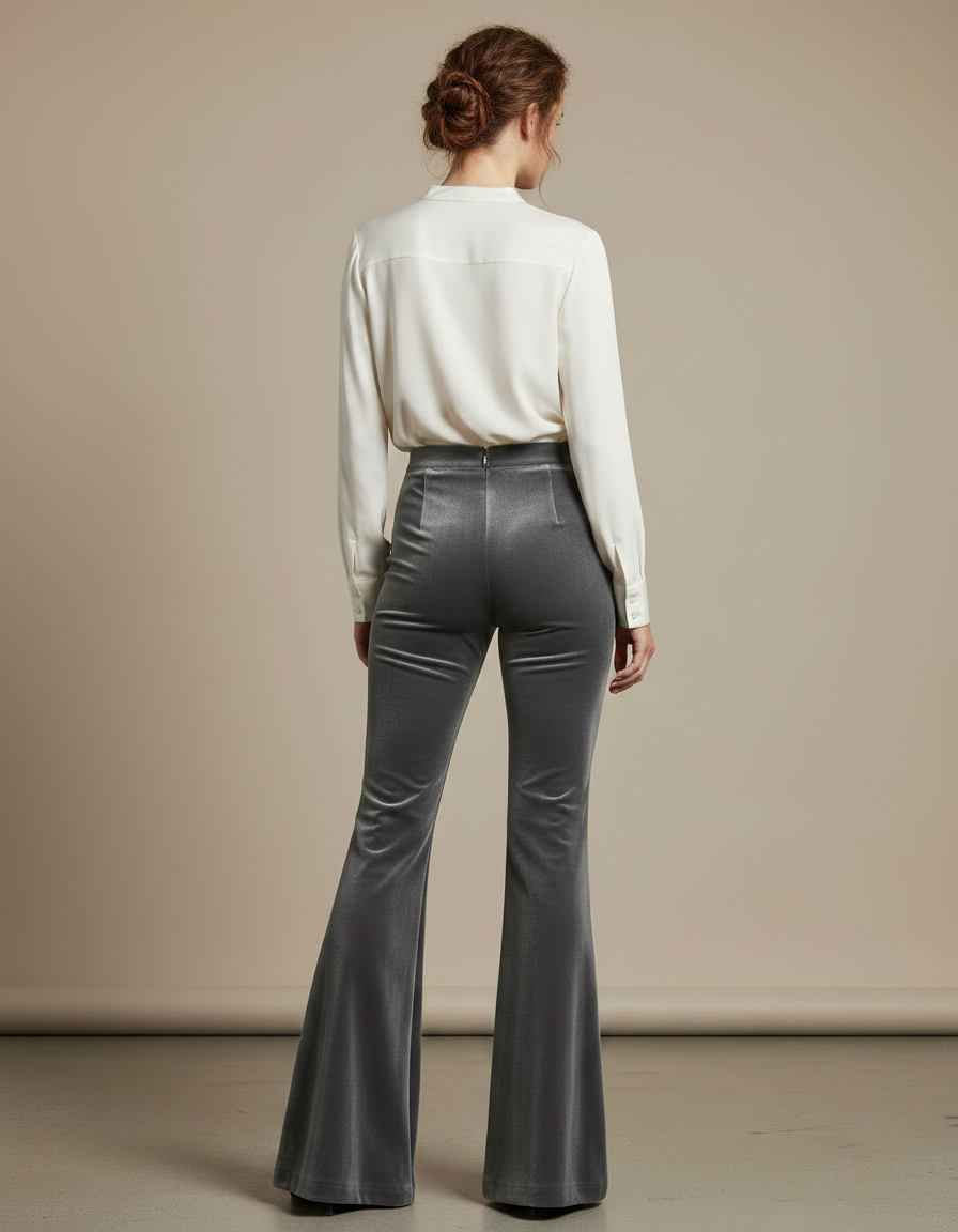 Pantalon Velours Gris Évasé Taille Haute Élégant - vue 2