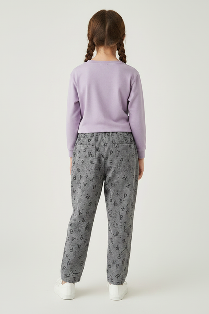 Pantalon Velours Côtelé Gris Imprimé Lettres Ample - vue 2