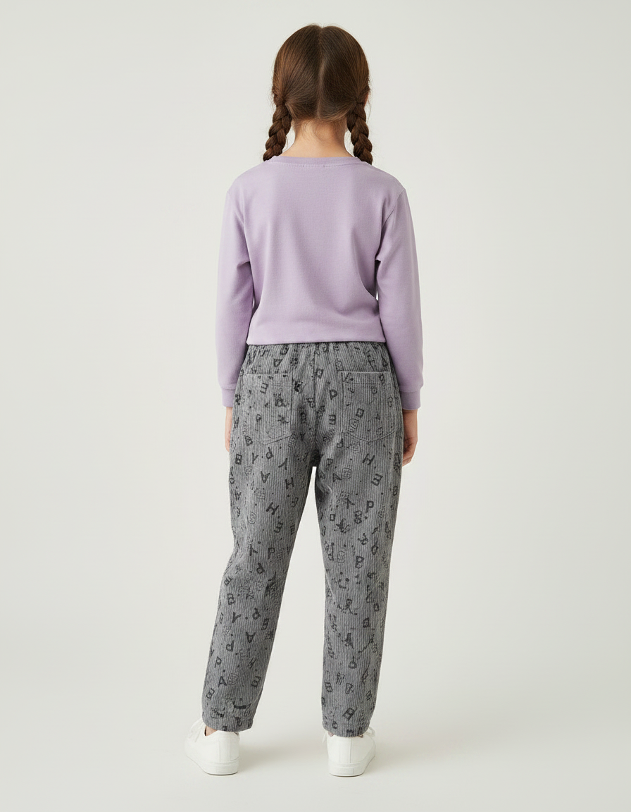 Pantalon Velours Côtelé Gris Imprimé Lettres Ample - vue 2