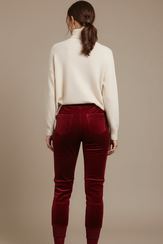 Pantalon Velours Bordeaux Jambes Fuselées Doux Hiver - vue 2