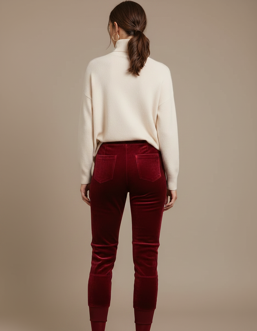 Pantalon Velours Bordeaux Jambes Fuselées Doux Hiver - vue 2