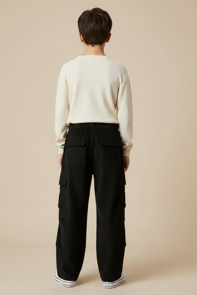 Pantalon Velours Noir Côtelé Cargo Ample Enfant - Cordé - vue 2