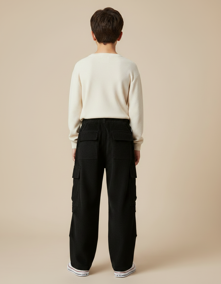 Pantalon Velours Noir Côtelé Cargo Ample Enfant - Cordé - vue 2