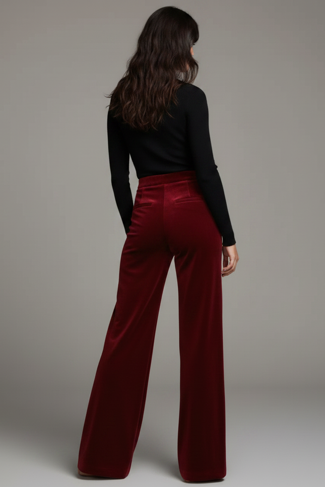 Pantalon Velours Bordeaux Ample Fluide Femme Élégant - vue 2