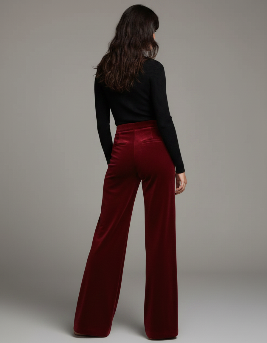 Pantalon Velours Bordeaux Ample Fluide Femme Élégant - vue 2