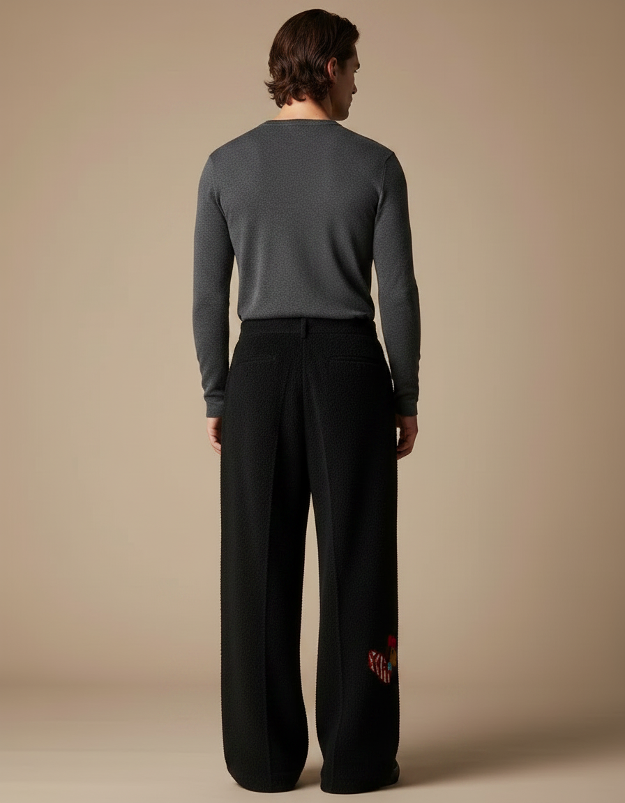 Pantalon Velours Noir Ample Imprimé Décontracté Homme - vue 2