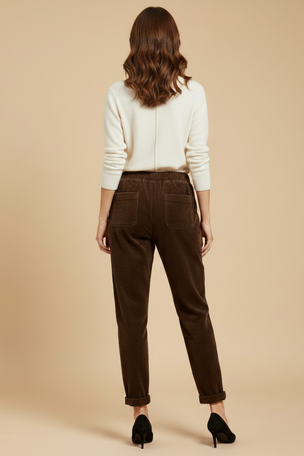 Pantalon Velours Marron Côtelé Élastiqué Ample Décontracté Femme - Cordé - vue 2