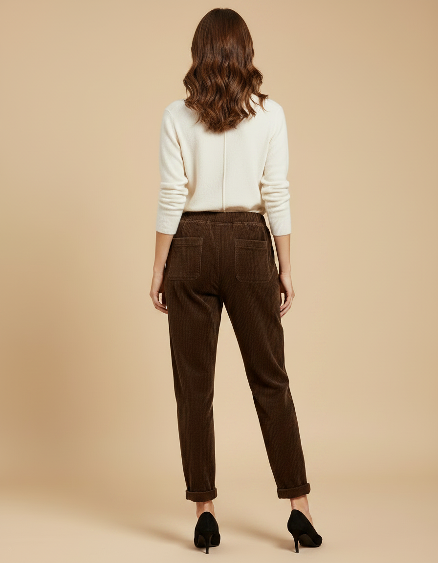 Pantalon Velours Marron Côtelé Élastiqué Ample Décontracté Femme - Cordé - vue 2
