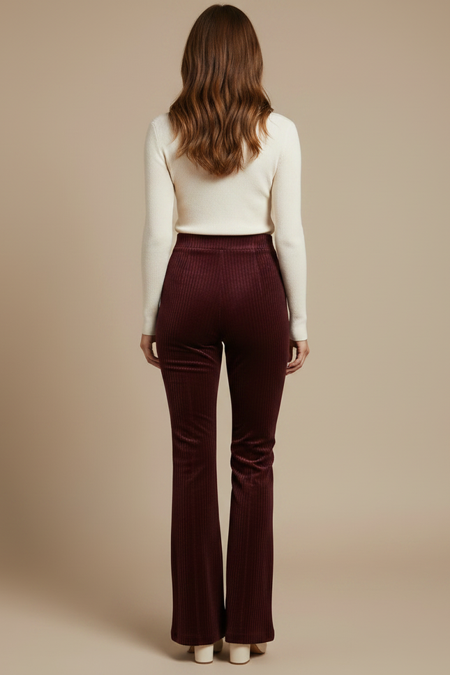Pantalon Velours Bordeaux Côtelé Évasé Élégant Femme - Cordé - vue 2