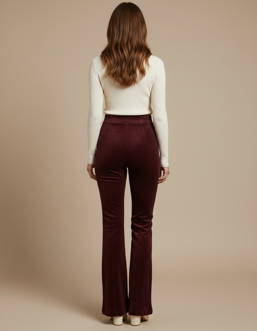 Pantalon Velours Bordeaux Côtelé Évasé Élégant Femme - Cordé - vue 2