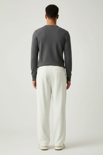 Pantalon Velours Côtelé Blanc Cassé Ample Décontracté Homme - Beige Cordé - vue 2