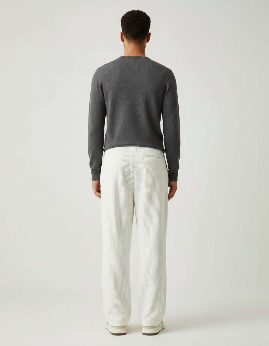 Pantalon Velours Côtelé Blanc Cassé Ample Décontracté Homme - Beige Cordé - vue 2