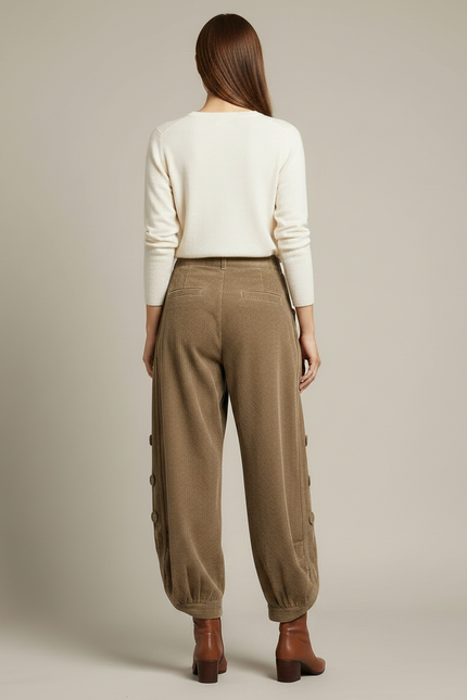 Pantalon Velours Marron Côtelé Ample Boutons - Kaki Cordé - vue 2