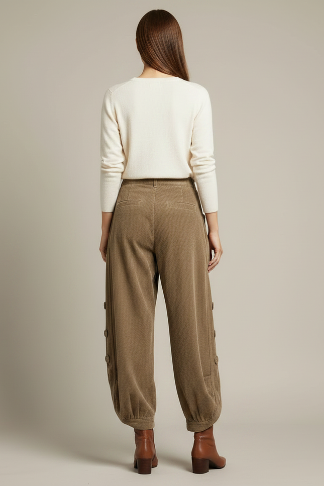 Pantalon Velours Marron Côtelé Ample Boutons - Kaki Cordé - vue 2