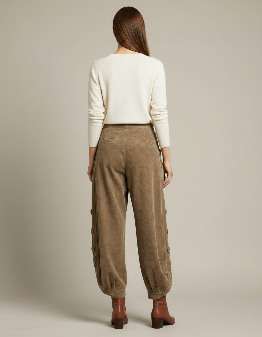 Pantalon Velours Marron Côtelé Ample Boutons - Kaki Cordé - vue 2