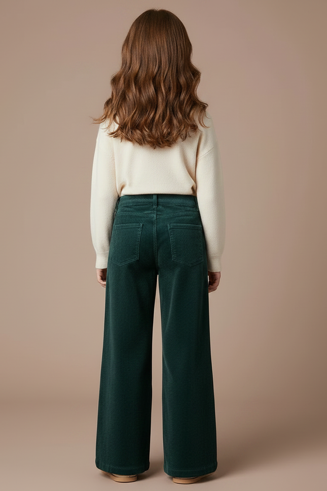 Pantalon Velours Vert Côtelé Large Droit Enfant - Cordé - vue 2