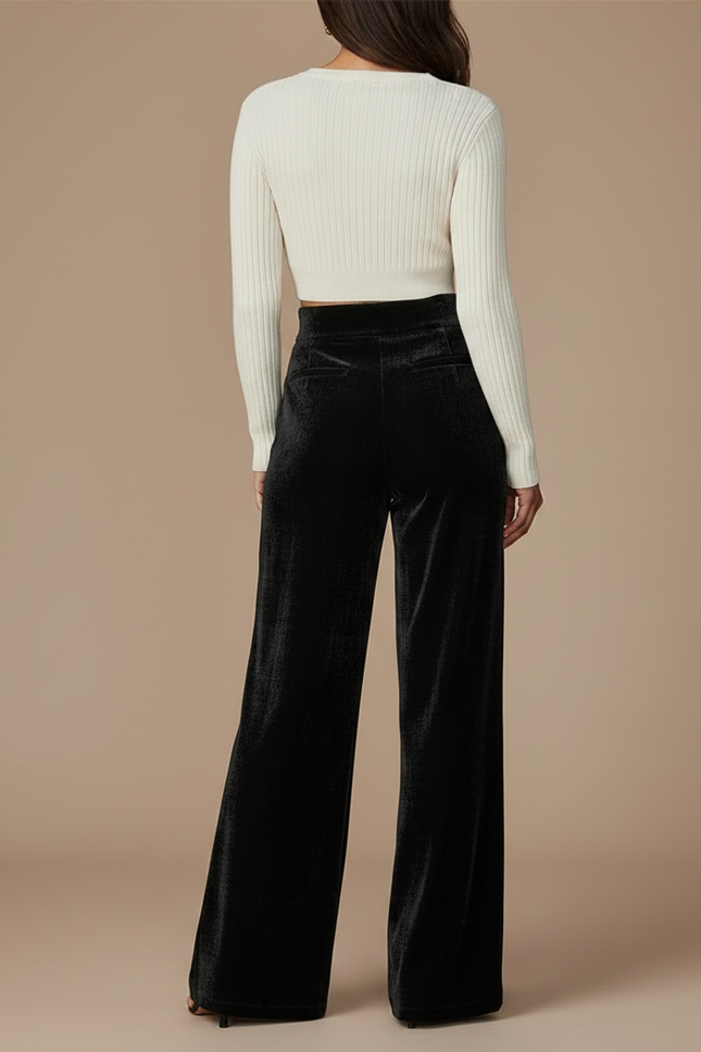 Pantalon Velours Noir Ample Évasé Taille Haute - vue 2