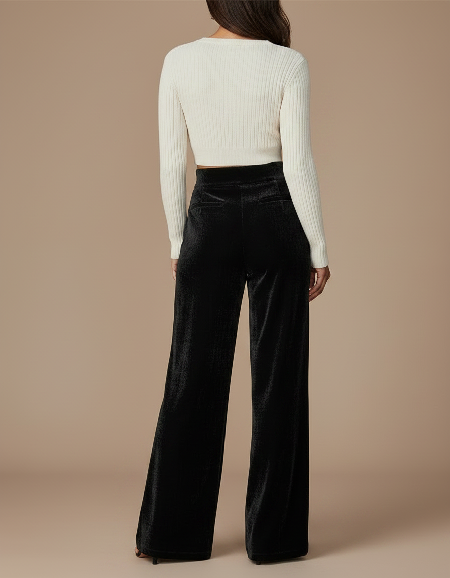 Pantalon Velours Noir Ample Évasé Taille Haute - vue 2