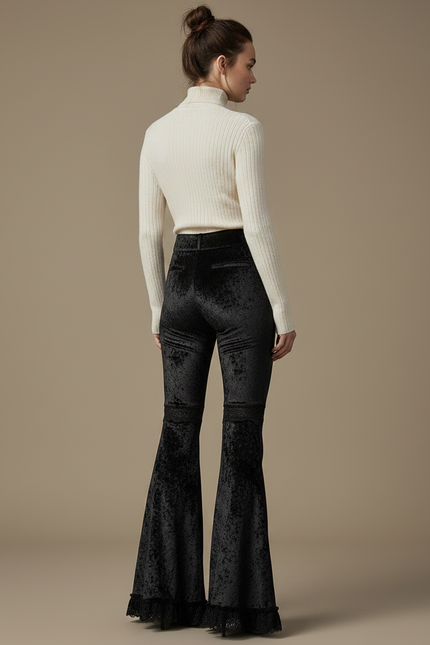 Pantalon Velours Noir Évasé Dentelle Gothique Femme - vue 2