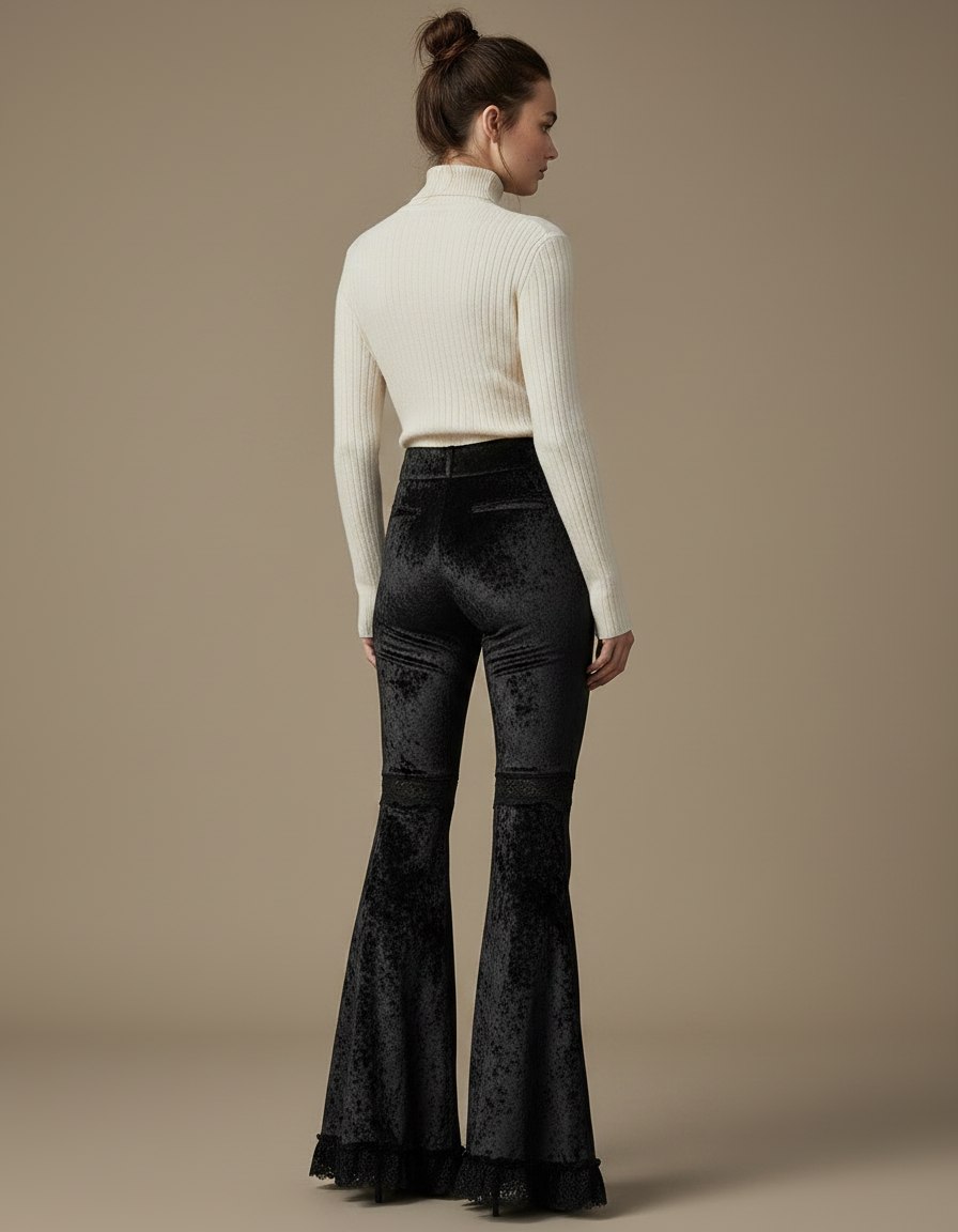 Pantalon Velours Noir Évasé Dentelle Gothique Femme - vue 2