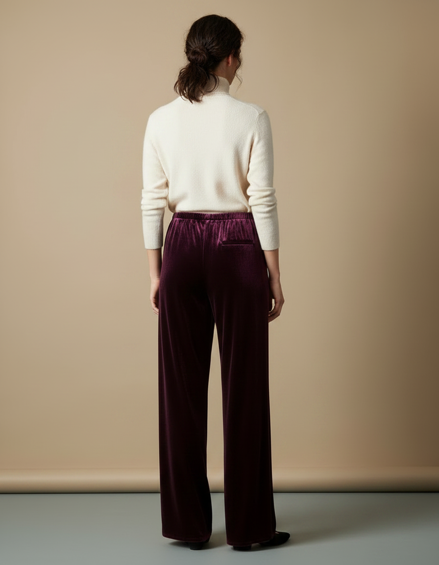 Pantalon Velours Bordeaux Ample Fluide Décontracté Femme - vue 2