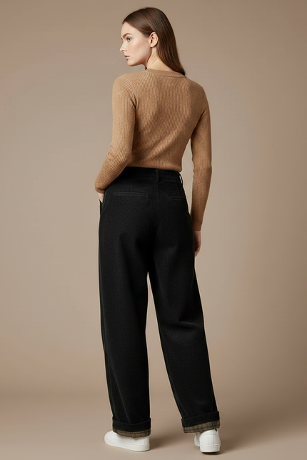 Pantalon Boyfriend Velours Femme - Noir Cordé - vue 2