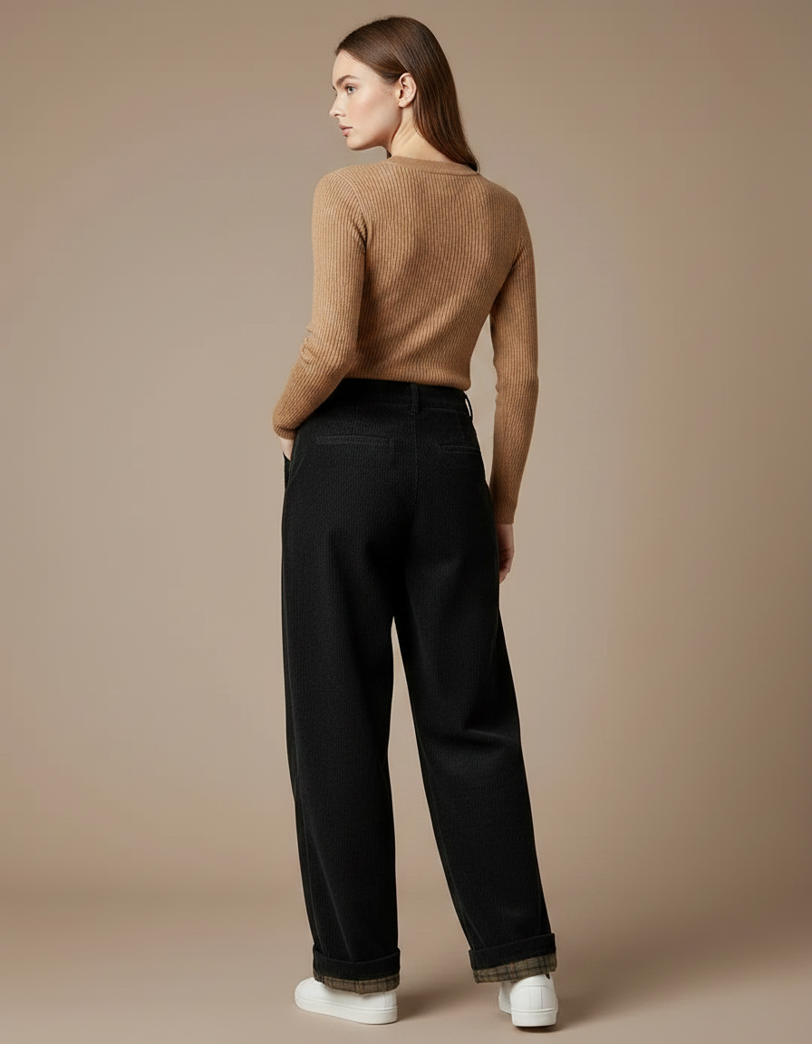 Pantalon Boyfriend Velours Femme - Noir Cordé - vue 2